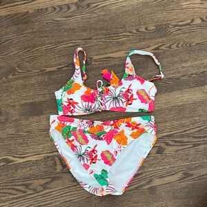 Bar III White Floral Two-Piece Bikini with Pink, Orange & Green